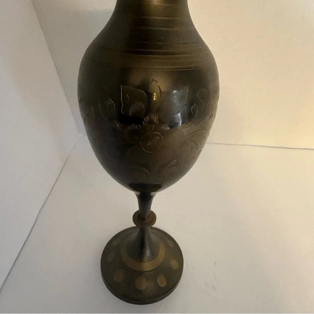 Vintage Brass Tall Skinny Vase Hand Etched Flowers Made in India